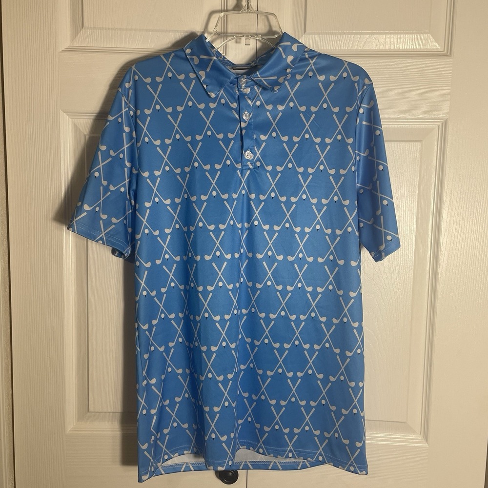 Friday Fairways Polo Shirt Men L Blue white‎ Geometric Golf Club Print Comfort